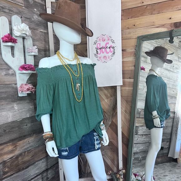 Kori Tops - Kori America Smocked Off Shoulder Trapeze Top Button Placket Detail Teal💗